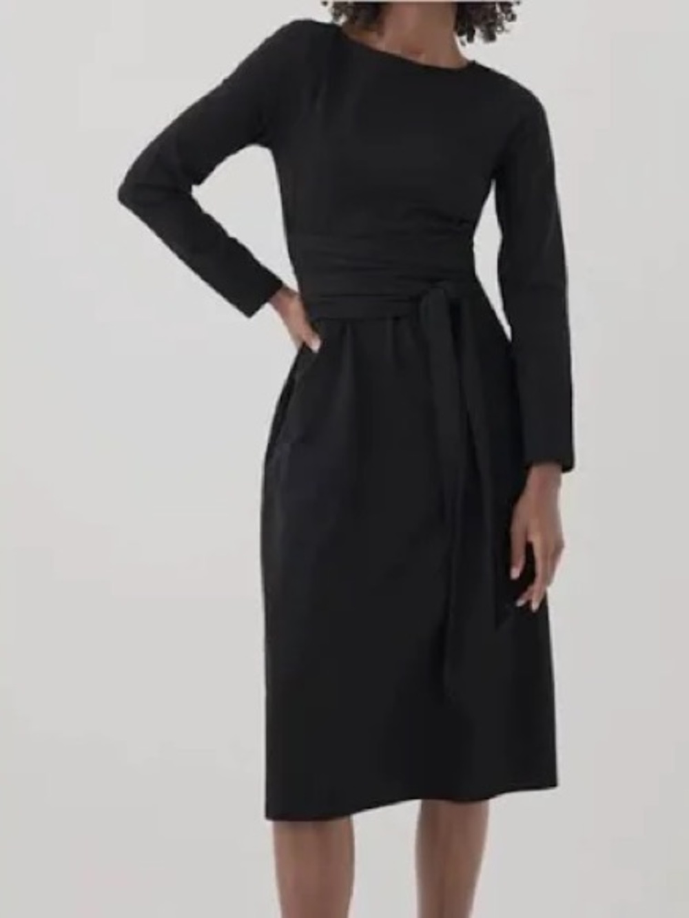 Pact Organic Cotton Stretch Jersey Black Long-Sleeve Wrap Waist Midi Dress XS